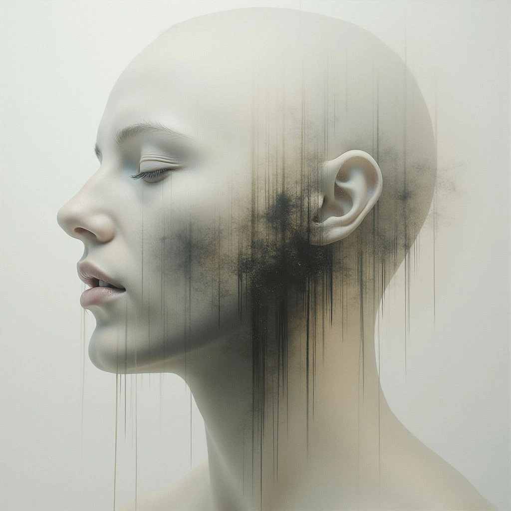 A pale, smooth-skinned woman’s face is shown in profile, her eyes closed and lips slightly parted. Dark, fragmented shapes appear to be dissolving within the form of her head, like shadows or memories fading away. Vertical lines streak down from her temple and neck, creating a sense of fluidity and disintegration.