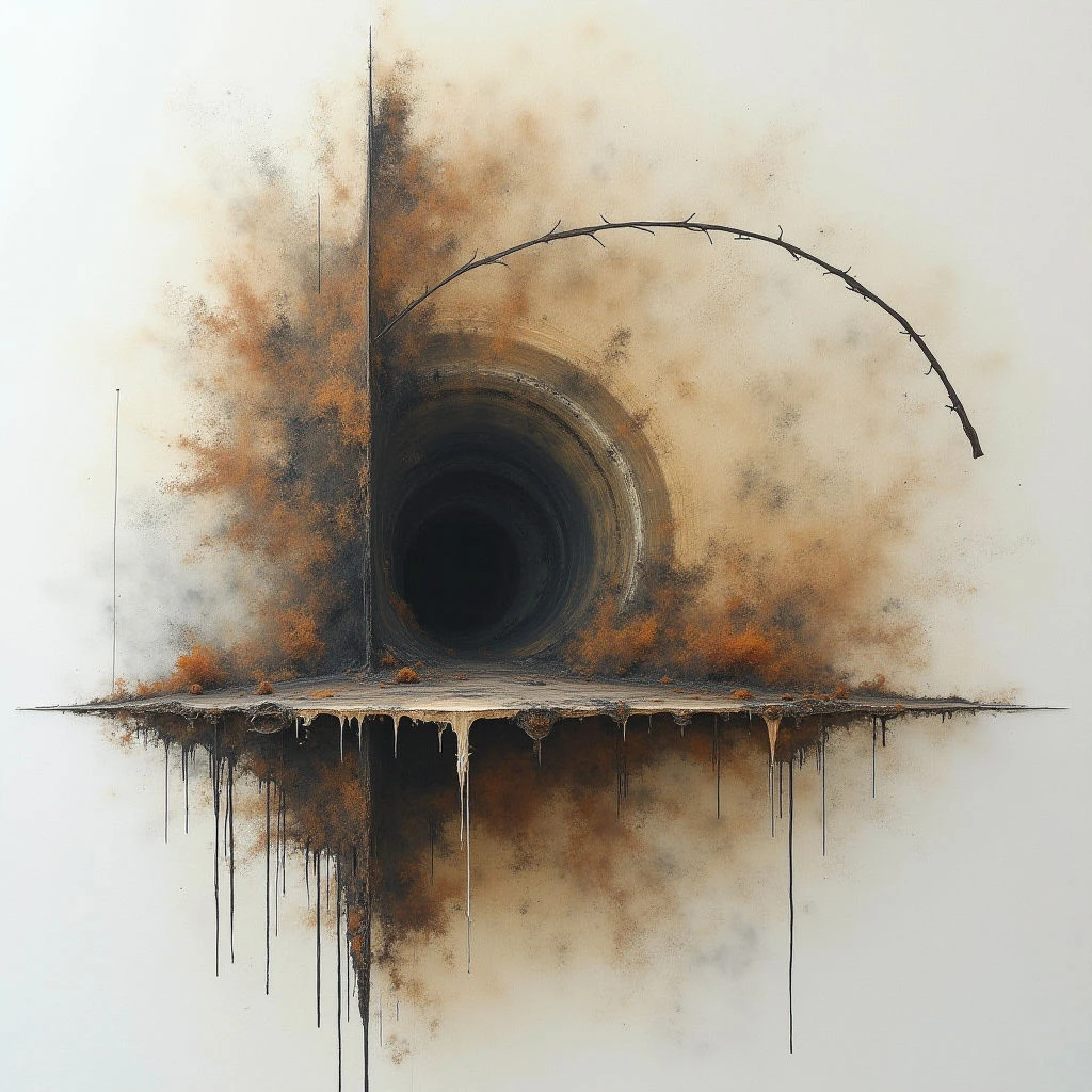 A dark, circular void dominates the center of a pale background, appearing as a tunnel or opening into nothingness. Above it, an arch of barbed wire hangs suspended, surrounded by hazy brown and grey tones that suggest smoke or decay. Below the opening, drips and streaks of dark liquid stain the surface like tears or residue, mirroring the colors above in a somber reflection.