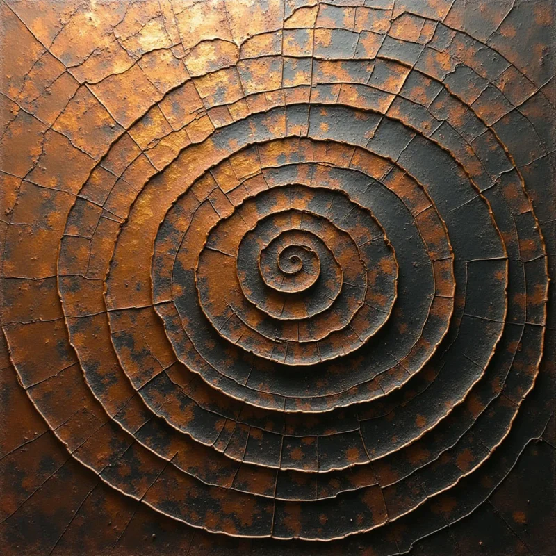 The image features a series of concentric rings that spiral inward towards a central point, utilizing shades of dark brown and warm gold tones. A heavily textured surface is present throughout, appearing rough and uneven with raised segments defining each ring’s edge. Light emphasizes the three-dimensional quality of the form, creating shadows within the grooves and highlighting the varying heights of the layered shapes.