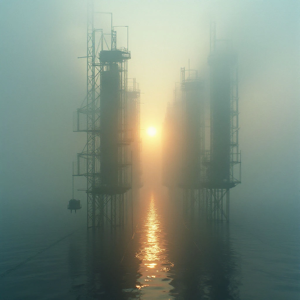 Metal structures rise from a calm body of water, disappearing into a thick fog. A bright sun shines directly between them, casting a golden path of light across the surface of the water. The scene is quiet and atmospheric, with a sense of isolation despite the presence of the industrial platforms.