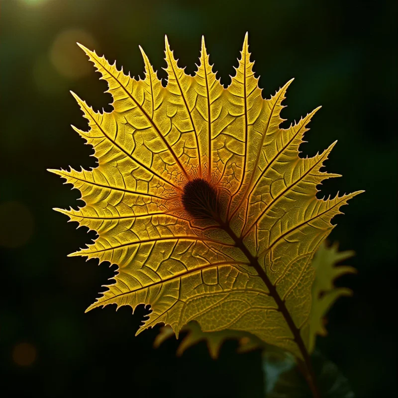 A single, serrated yellow leaf with intricate vein patterns is centered against a dark, blurred green background. Warm light illuminates the translucent texture of the leaf, creating a glowing effect that radiates from its central stem. The sharp, jagged edges of the leaf contrast with the soft, out-of-focus bokeh shapes in the surrounding space.