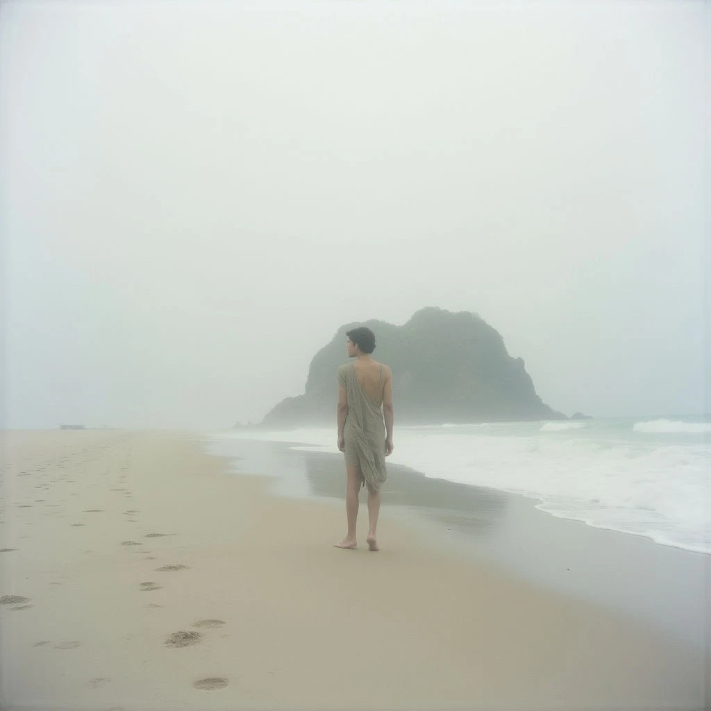 A lone figure walks along a vast, empty beach towards the ocean under a thick blanket of fog. A dark, rounded hill rises from the water in the distance, barely visible through the haze. The sand is smooth and marked with footprints leading toward the waves.