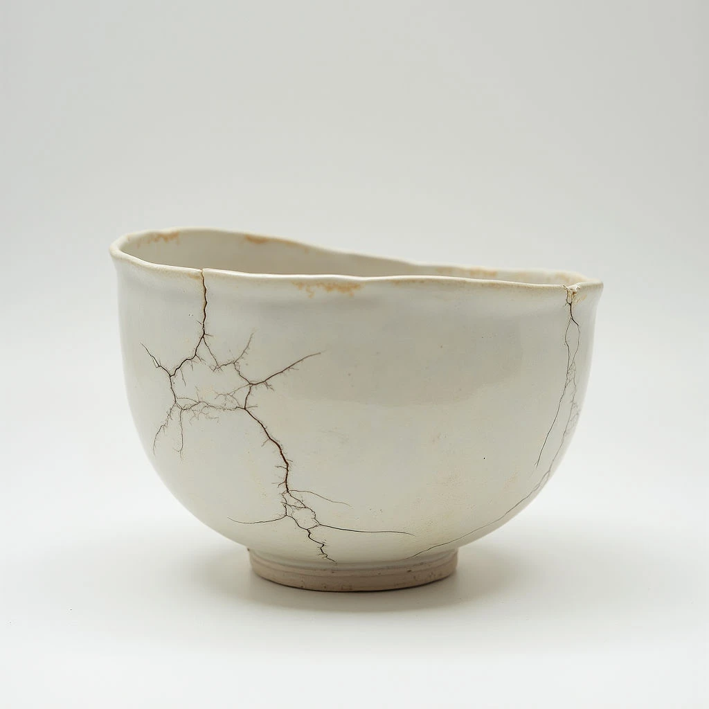 A cracked, off-white ceramic bowl sits against a pale background. Fine lines spiderweb across the interior and exterior surfaces of the bowl, indicating age or damage. The bowl has an uneven rim and rests on a small, circular base with a slightly darker tone.