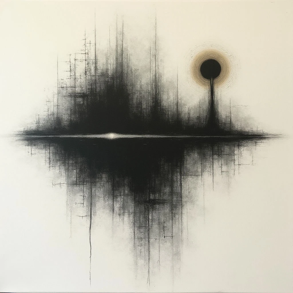 A dark, jagged silhouette rises from a hazy horizon line, mirrored perfectly in the still water below. A single black circle with a pale halo hangs suspended above the landscape on the right side of the composition. The overall effect is stark and minimal, evoking a sense of quiet mystery and reflection.