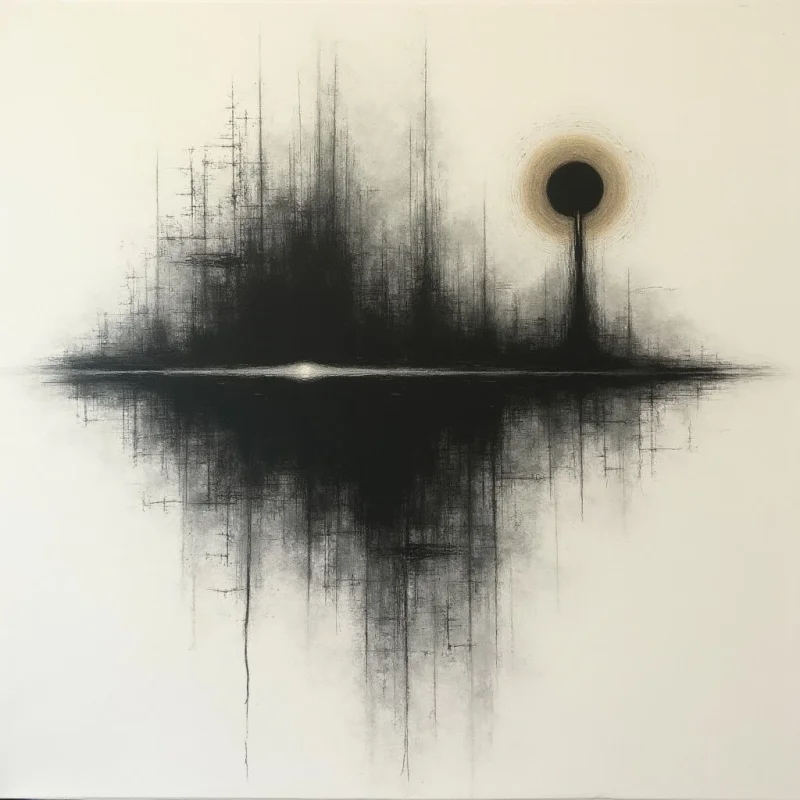 A dark, jagged silhouette rises from a hazy horizon line, mirrored perfectly in the still water below. A single black circle with a pale halo hangs suspended above the landscape on the right side of the composition. The overall effect is stark and minimal, evoking a sense of quiet mystery and reflection.
