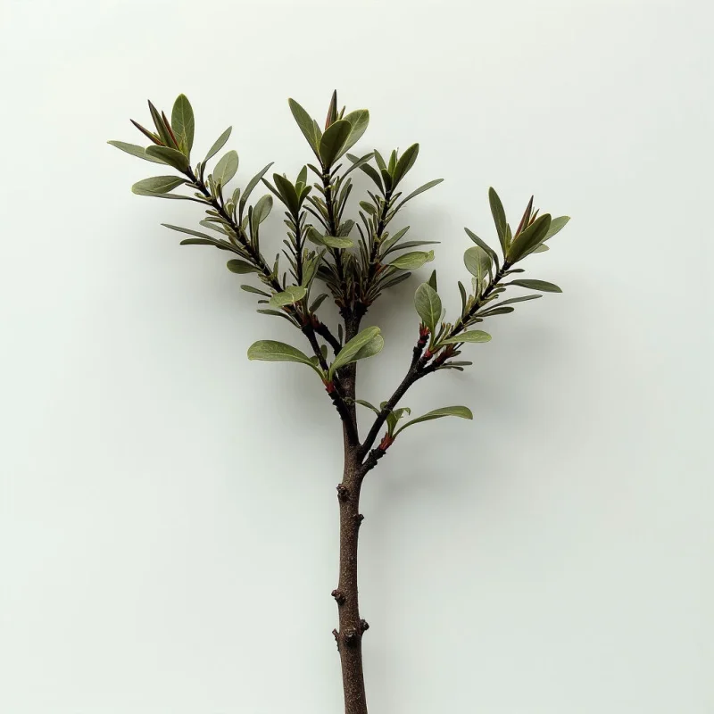 A small branch with glossy, dark green leaves stands against a plain white background. The stem is slender and brown, with tiny reddish buds visible along its length. The leaves are clustered at the ends of short twigs, creating a symmetrical, balanced shape.