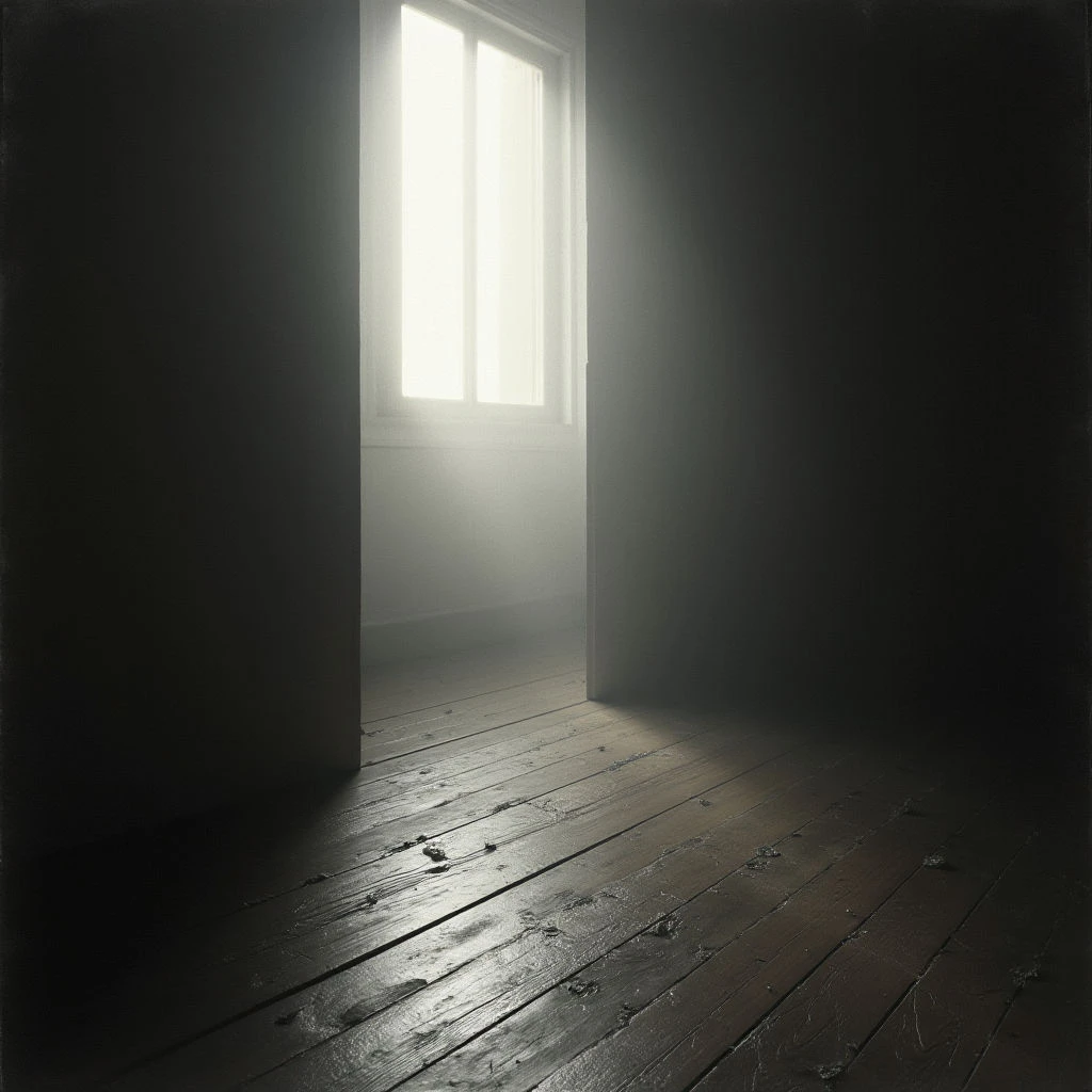 A darkened room features a single window emitting a bright, hazy light. The light spills across worn wooden floorboards, creating a stark contrast with the surrounding shadows.  The space feels empty and quiet, drawing focus to the illuminated opening.