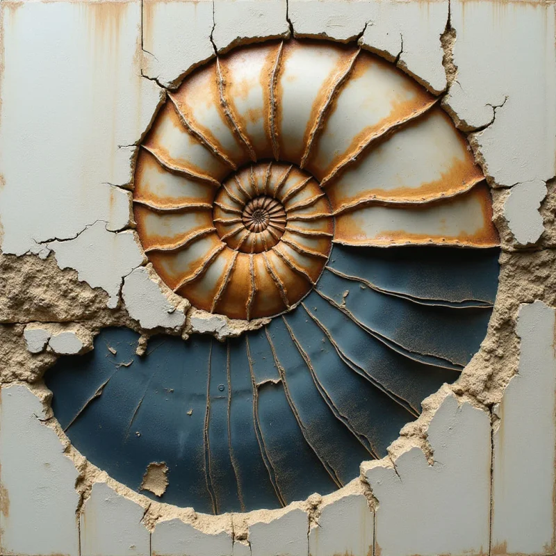A large nautilus shell is embedded within a cracked, off-white textured surface, featuring a spiral of warm ochre and cream tones transitioning into deep navy blue. The composition is defined by the rhythmic, radial lines of the shell's ridges and the irregular, jagged edges of the surrounding material. Light appears even across the scene, highlighting the contrast between the smooth, dark segments of the shell and the rough, weathered texture of the light-colored background.