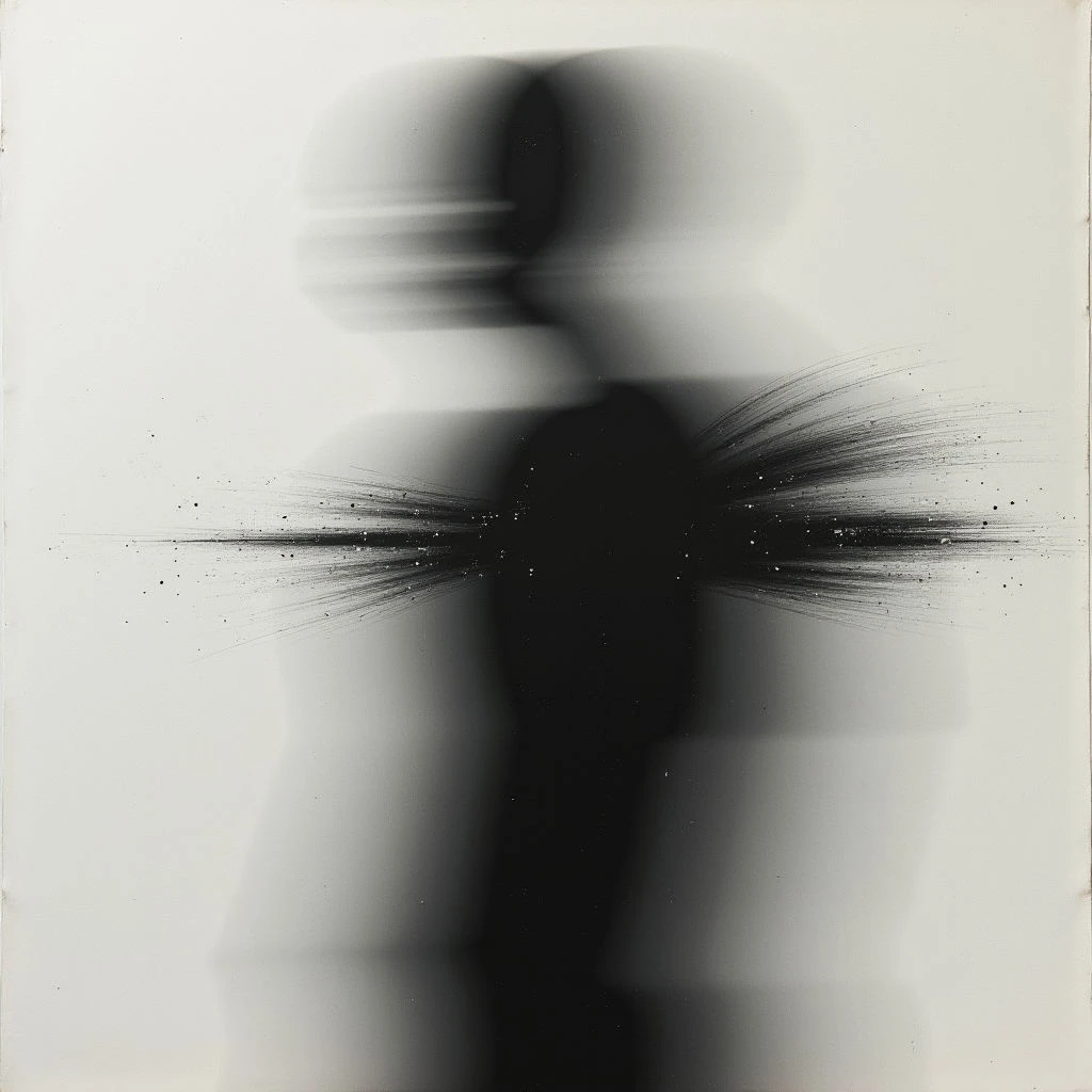 A dark, vaguely humanoid shape dominates the center of a light background, its form blurred and indistinct. A dense spray of fine lines emanates horizontally from its midsection, creating a chaotic texture around a central darker band. The overall impression is one of movement and disintegration against a stark, neutral space.