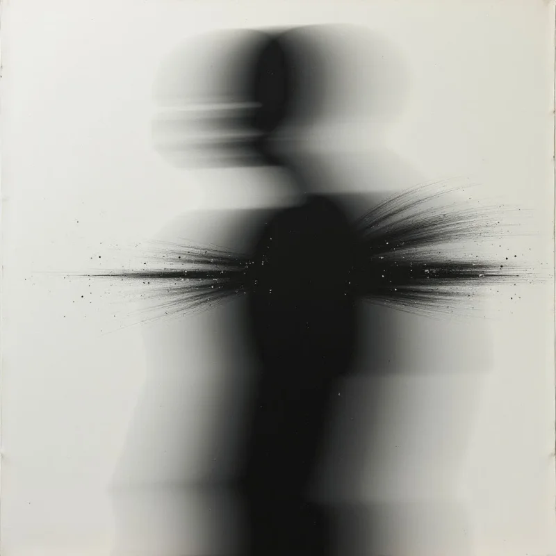 A dark, vaguely humanoid shape dominates the center of a light background, its form blurred and indistinct. A dense spray of fine lines emanates horizontally from its midsection, creating a chaotic texture around a central darker band. The overall impression is one of movement and disintegration against a stark, neutral space.