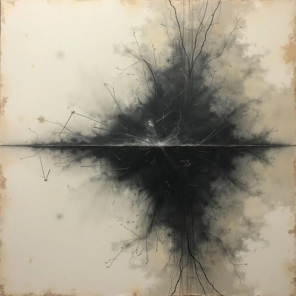 A dark, nebulous shape bursts from a horizontal line across a pale background, resembling roots or branches extending outwards. The image is symmetrical, with the lower half mirroring the upper, creating an almost Rorschach-like effect. Delicate, spidery lines are scattered around the central form, adding to its ethereal and slightly unsettling quality.