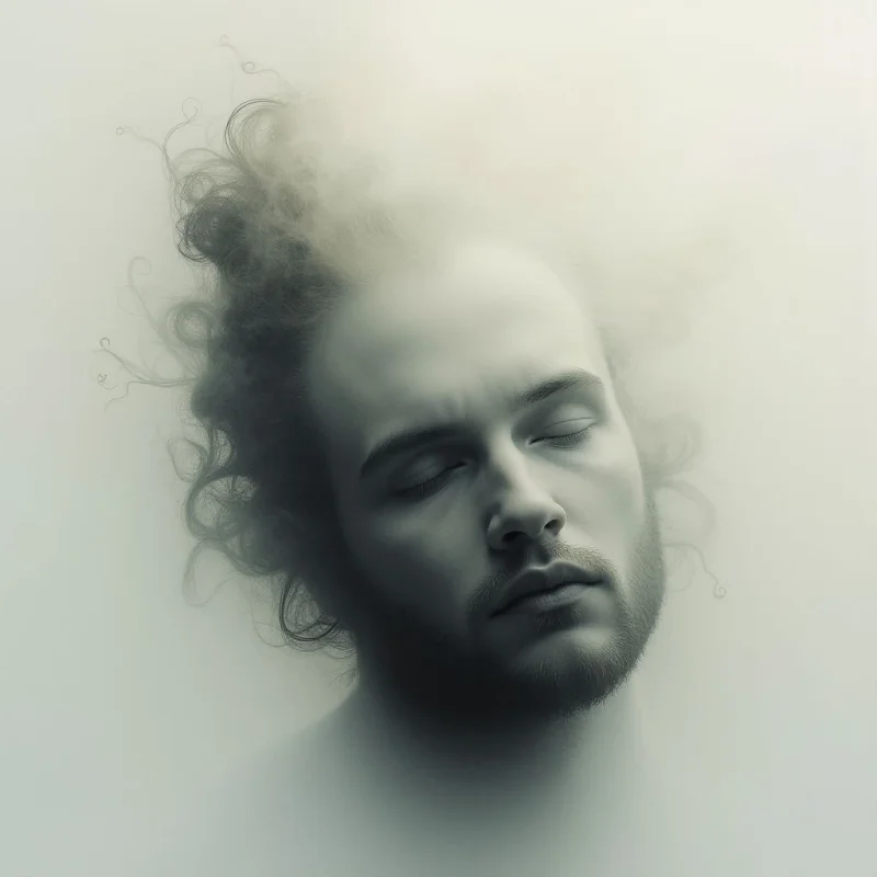 A young man with curly hair and a short beard is shown with his eyes closed, appearing peaceful or asleep. His face seems to be dissolving into wisps of smoke or mist, creating an ethereal quality. The overall tone is muted and somber, with shades of gray and green dominating the image.
