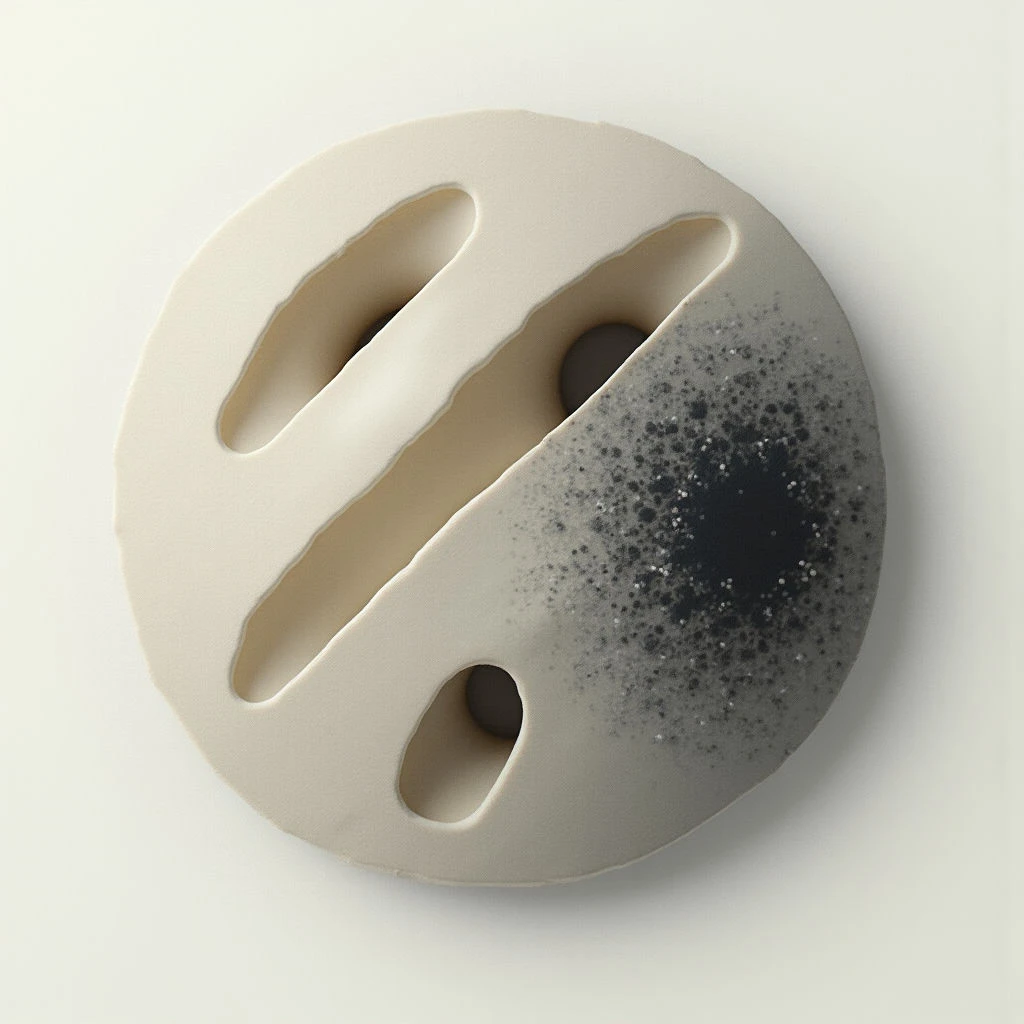 A roughly circular, off-white object rests on a pale surface. It features several irregular holes cut through its body and a dark, speckled patch concentrated on one side. The texture appears smooth and slightly porous, giving it an organic quality.
