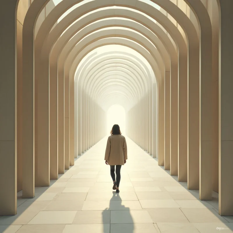 The image features a long corridor defined by repeating arched structures in varying shades of beige and cream. Smooth, rectangular floor tiles lead the eye toward a bright, indistinct light source at the far end, while a single figure is positioned centrally walking away from the viewer. The scene is dominated by vertical lines created by the columns, emphasizing depth and a sense of receding space with soft shadows cast across the floor.