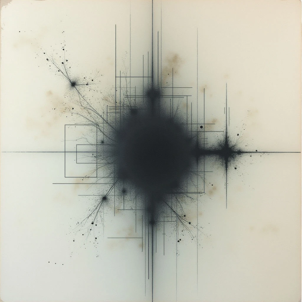 A dark, central void dominates a pale background, with fine lines radiating outwards from its edges like fractured energy. A series of intersecting linear structures—some forming neat squares—cross through the composition, appearing to contain or be born from this darkness. Scattered specks and small bursts mark points along these lines and around the void, suggesting an explosion or dispersal of matter.