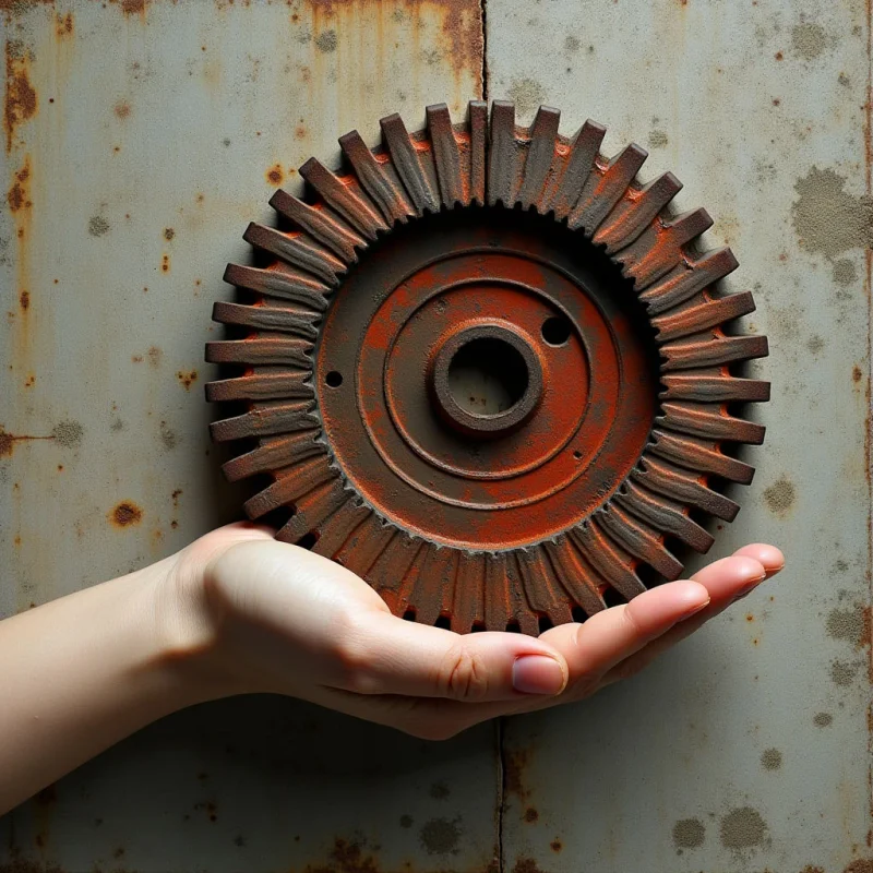 A large, rusted iron gear with serrated edges sits atop a pale, weathered metal surface marked by brown oxidation spots. A human hand, rendered in smooth skin tones, extends from the bottom left to support the heavy, textured wheel. The scene is illuminated by soft, even light that emphasizes the contrast between the gritty, dark orange rust and the matte, grayish background.
