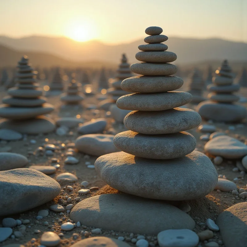 The image features a field of stacked stones in varying heights, primarily composed of smooth, rounded gray and tan rocks resting on a sandy surface. Warm golden light from the setting sun casts long shadows across the foreground and illuminates the background hills, creating a gradient effect from bright to muted tones. The composition is dominated by repetitive conical shapes receding into the distance, with a central stack appearing largest and most defined in focus.