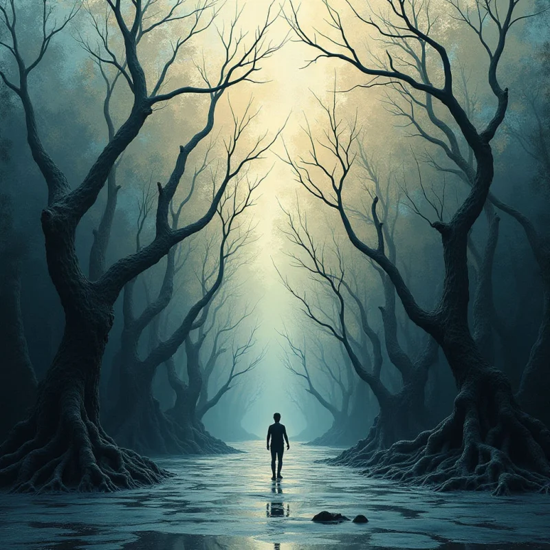 Dark, gnarled trees with thick, textured roots frame a central path of reflective water under a pale, hazy sky. The composition uses a monochromatic palette of deep blues and muted teals, contrasted by a bright, diffused light emanating from the center background. A small silhouette of a person stands in the distance, creating a sense of scale within the symmetrical arrangement of spindly branches.