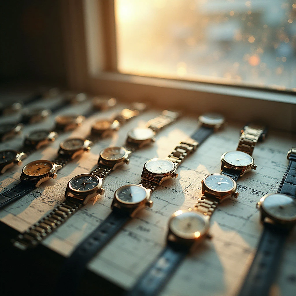 The image features a collection of watches arranged on a textured, possibly wooden surface with visible grain and markings. Predominant colors are warm tones of gold, brown, and gray, with variations in sheen from polished metal to matte leather straps. Light enters from the upper right corner, creating highlights on the watch faces and casting shadows that define the spatial arrangement of the overlapping items.