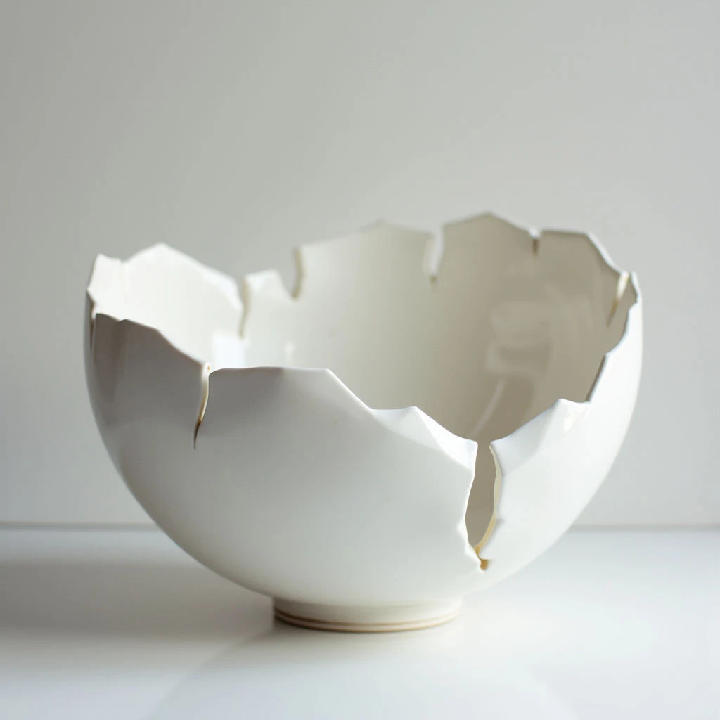 A large, white ceramic bowl sits on a smooth surface against a neutral background. The rim of the bowl is dramatically fractured and uneven, giving it a broken or deliberately deconstructed appearance. Light gently illuminates the interior curves of the piece, highlighting its form despite the damage.