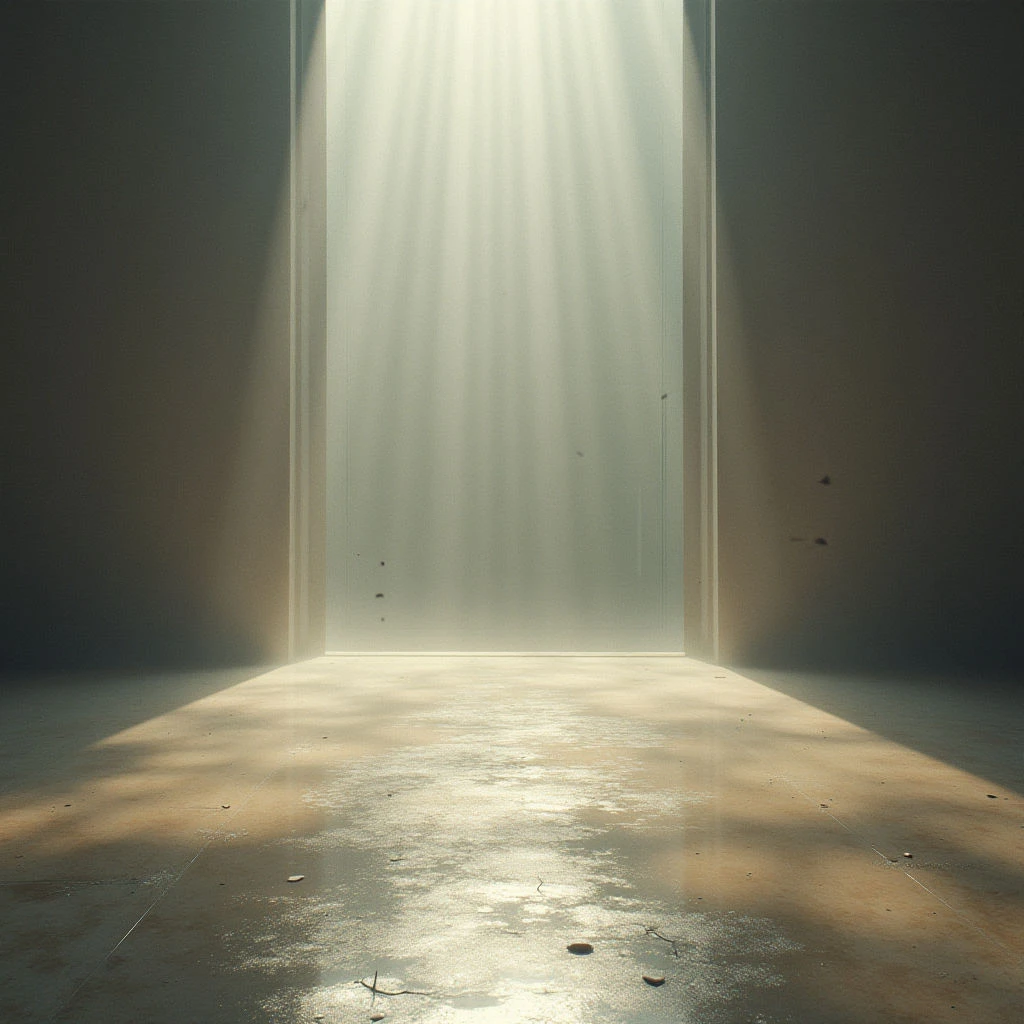 A tall, rectangular opening floods a dim room with bright light and descending rays. The floor is worn and speckled, reflecting the illumination in a hazy glow. Shadows cling to the walls of the otherwise empty space, hinting at a sense of quiet isolation.