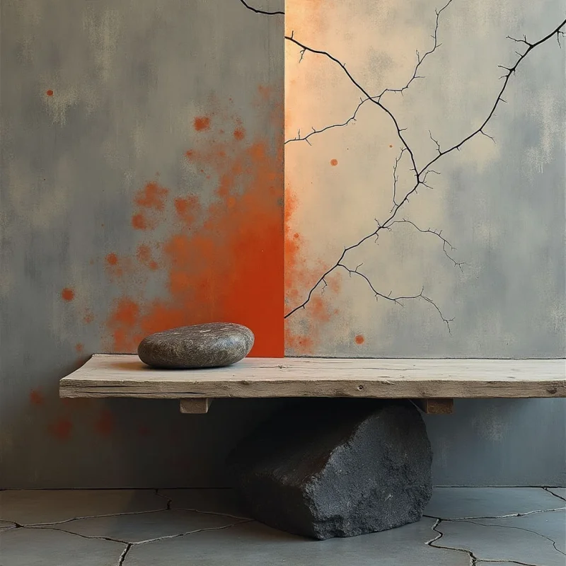 A split background of textured gray and warm cream is marked by dark, branching lines and orange speckles. A smooth, oval stone rests on a light wooden plank supported by a large, dark, craggy rock. The composition balances geometric horizontal lines with organic shapes under soft, diffused lighting.
