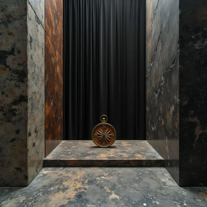 A circular gold compass sits centrally on a weathered, rectangular stone platform between two tall, dark textured walls. The color palette consists of deep blacks, earthy browns, and oxidized copper tones with metallic gold accents. Vertical folds in the dark background curtain contrast with the rough, mottled surfaces of the stone elements under soft, diffused light.