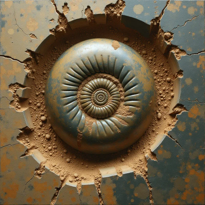 A dark, metallic-grey ammonite fossil with ridged, spiral textures is centered within a jagged, circular opening in a cracked slate surface. Earthy tan sand and fine granules fill the crevices around the specimen, contrasting with the smooth, rounded curves of the shell. Light falls from above, creating soft highlights on the raised ridges and casting deep shadows within the irregular gaps of the stone.