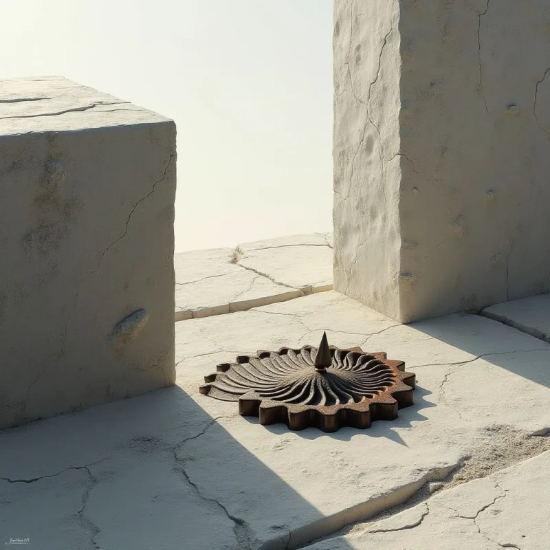 Large, off-white rectangular monoliths with cracked, stony textures frame a central view of a sunlit, desolate landscape. A dark, metallic gear-shaped object with radial ridges sits on the ground between the structures, casting a sharp shadow. The composition uses high-contrast light and neutral tones to define the spatial relationship between the massive geometric forms and the textured floor.