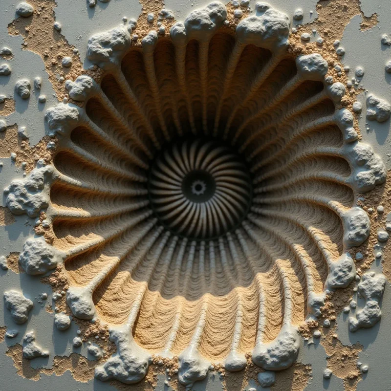 A spiral pattern of ribbed, tan-colored ridges radiates from a dark central void toward a pale gray perimeter. The textures transition from smooth, concentric grooves in the center to coarse, granular clusters that form an irregular, lumpy border. Light casts soft shadows within the deep recesses of the spiral, emphasizing the three-dimensional depth and circular spatial arrangement.
