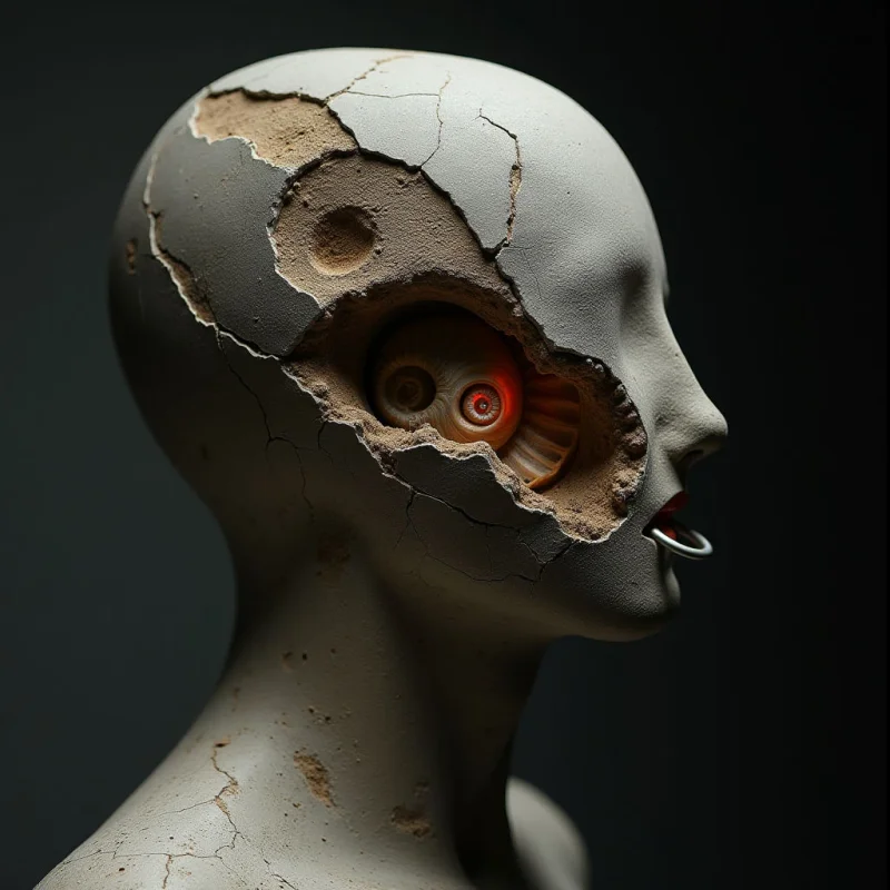 A pale, smooth humanoid bust features jagged cracks and large, irregular cavities exposing a textured, earth-toned interior. A singular glowing red orb is embedded within the central hollowed section, surrounded by concentric, ribbed circular patterns. The composition uses high-contrast lighting against a dark, void-like background to emphasize the sharp edges of the fractures and the depth of the internal structures.