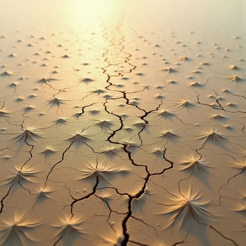 A monochromatic palette of warm beige and golden tones defines a landscape of cracked, parched earth. Sharp, angular fissures snake through the terrain, intersecting with repetitive, conical protrusions that create a rhythmic pattern of ridges and valleys. Soft, diffused light emanates from the top of the frame, casting gentle shadows that emphasize the textured, undulating surface stretching toward the horizon.