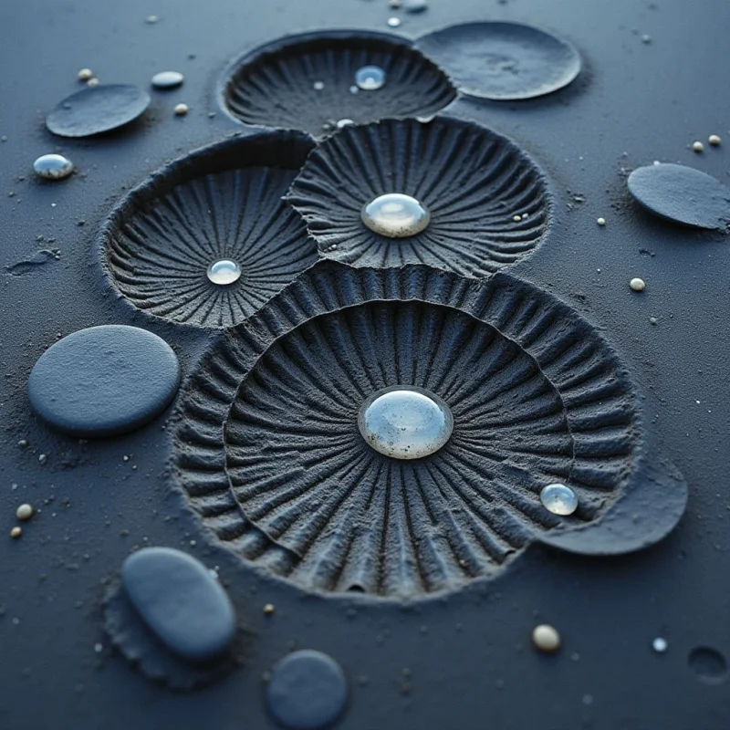 Dark, matte surfaces are punctuated by circular indentations featuring fine, radial ridges and translucent, spherical droplets. The composition uses a monochromatic palette of deep charcoal and slate gray, contrasted by the bright highlights on the liquid beads. Smooth, flat discs and textured, grooved depressions create a layered spatial arrangement across the dark ground.