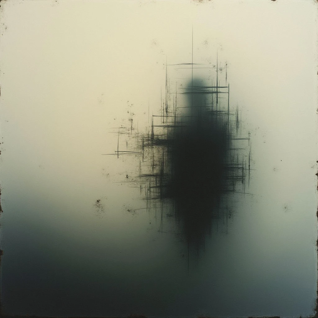 A dark, indistinct shape dominates the center of a pale, hazy field. Fine lines crisscross within and around the form, suggesting structure or containment but remaining fragmented and ethereal. The overall impression is one of quiet intensity and obscured presence, fading into a soft gradient towards the edges.