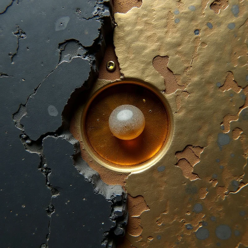 A smooth, translucent orb sits centered within a circular golden depression, surrounded by textured surfaces of matte charcoal and weathered metallic gold. The composition is split between dark, jagged edges on the left and expansive, mottled gold planes on the right. Soft light illuminates the sphere, creating subtle gradients and reflections against the contrasting rough and polished textures.