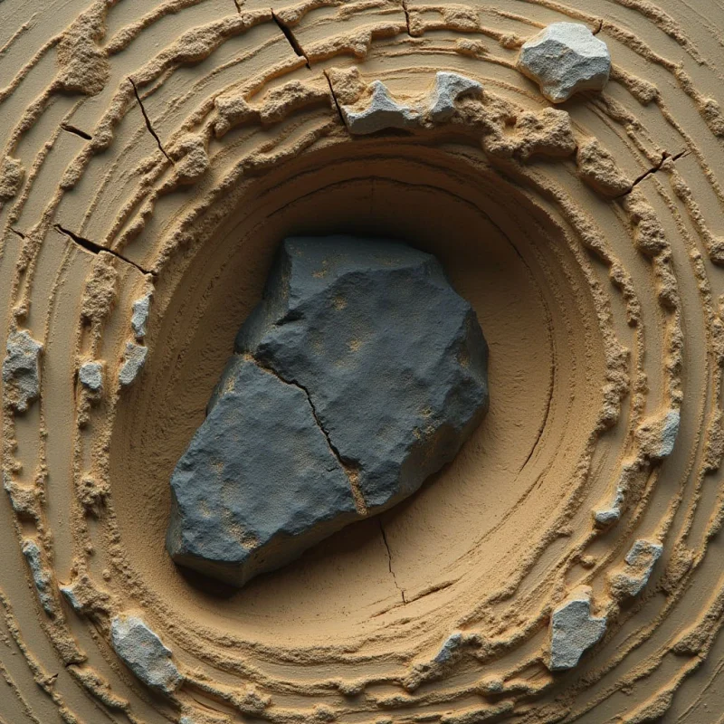 A large, dark gray stone with a cracked surface sits at the center of a circular depression formed by concentric rings of tan, sandy earth. The surrounding terrain features rough, granular textures and irregular ridges that spiral inward toward the central rock. Soft light creates subtle shadows within the grooves and crevices, emphasizing the depth and layered structure of the earthen rings.