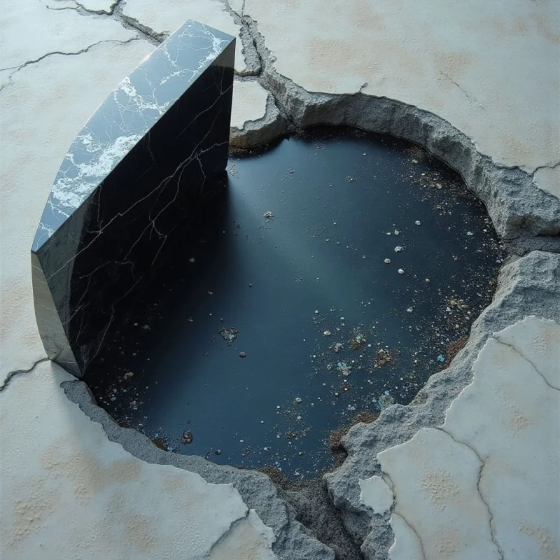 The image features a dark, polished geometric form partially embedded in a cracked and uneven pale surface. A circular void surrounds the shape, filled with a dark reflective liquid speckled with small debris; light reflects off the liquid's surface creating highlights. The textures contrast sharply between the rough, fractured ground and the smooth, glossy monolith, while spatial relationships suggest depth within the hole and a sense of weight to the darker object.