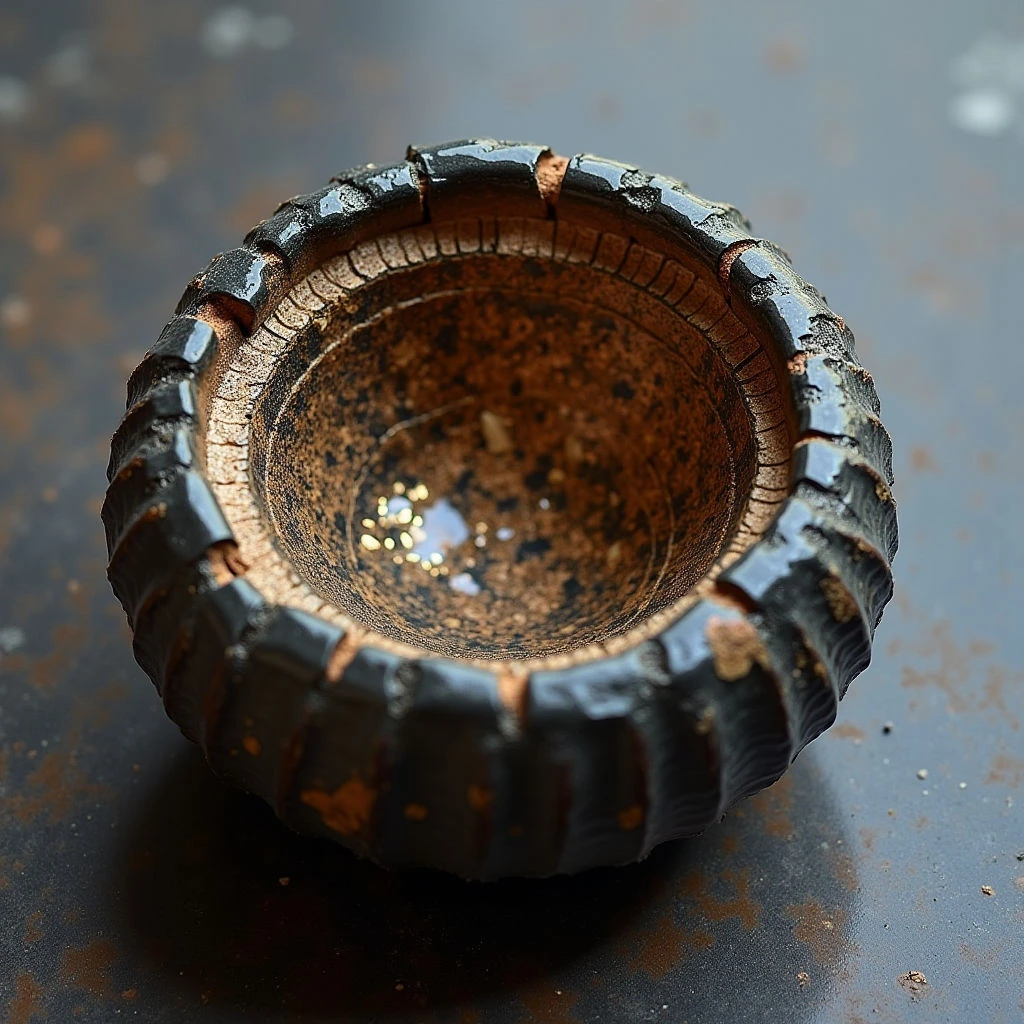 The image features a small, circular object with a dark brown and reddish hue, resting on a mottled gray surface flecked with orange. Its exterior is heavily textured with repeating, tooth-like projections while the interior appears rough and speckled, catching highlights of light. The object is positioned slightly off-center in the frame, creating an asymmetrical balance and suggesting depth through shadow within its hollow form.