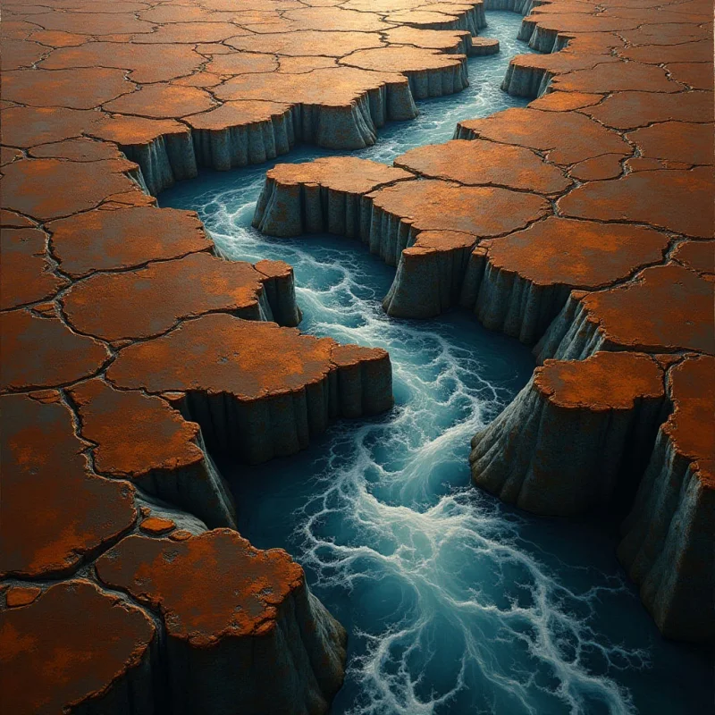 A winding river of frothy white and deep blue water cuts through a landscape of cracked, reddish-brown earth. The terrain consists of jagged, irregular polygons with rough, parched textures that contrast against the fluid, swirling patterns of the moving water. Light illuminates the scene from above, casting soft shadows within the steep crevices and highlighting the undulating surface of the river.