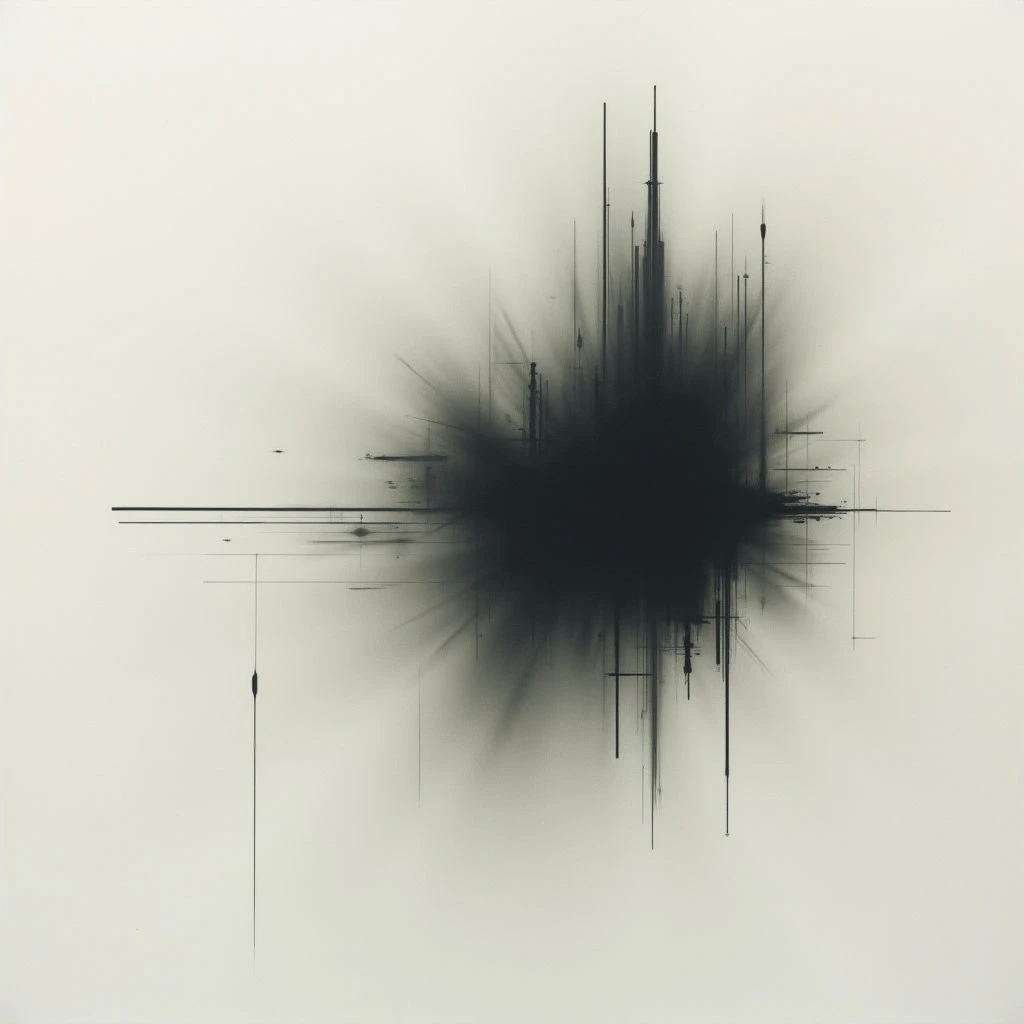 A dark, amorphous shape dominates the center of a pale background, appearing to burst outwards with radiating lines and strokes. Thin, vertical and horizontal black lines extend from the central mass, creating a sense of chaotic energy contained within a structured framework. The overall impression is one of explosion or expansion against an empty void.
