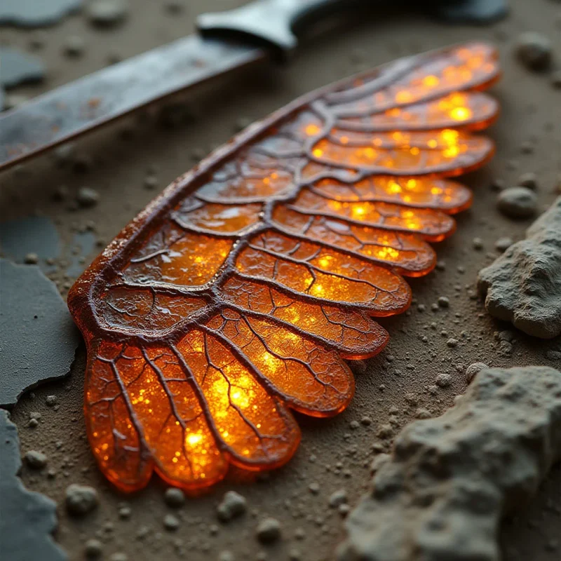 An amber-colored, translucent wing with a webbed, organic texture lies diagonally across a coarse, sandy terrain scattered with irregular grey stones. The wing glows from within with warm, golden light, contrasting against the muted, earthy tones of the surrounding ground and a dark, metallic object in the background. The composition features sharp, vein-like lines within the wing set against the rough, granular surfaces of the landscape.