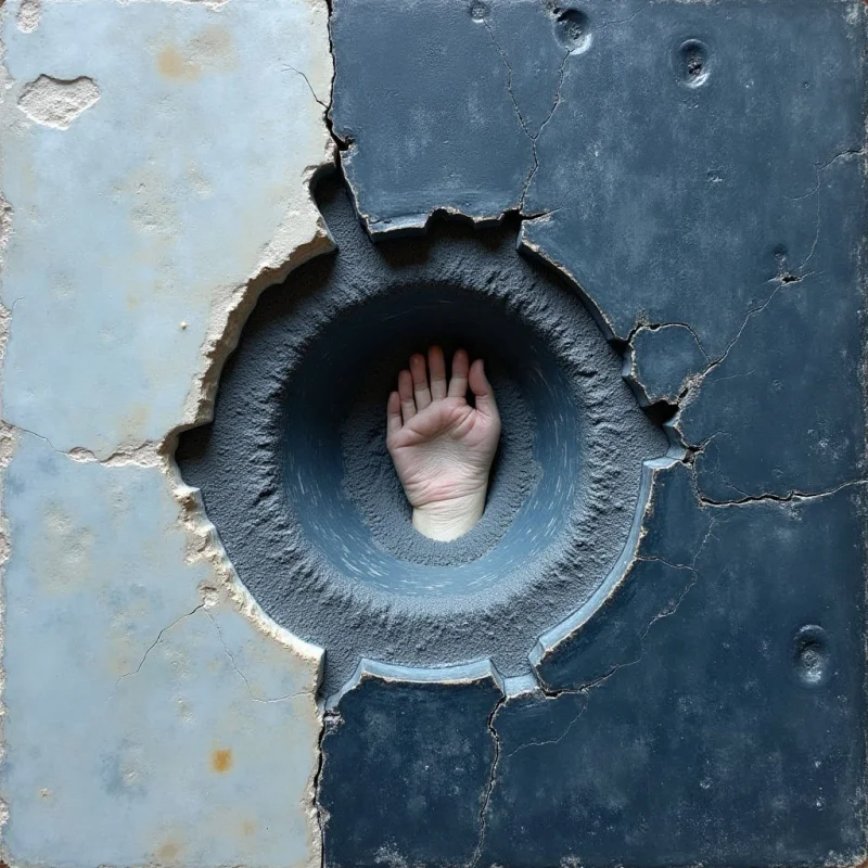 A central circular void reveals a pale hand reaching out from a dark, textured interior against a split background of cream and slate blue. The composition is defined by jagged, irregular edges where the two colored planes meet and crack around the central aperture. Light appears to originate from within the hole, casting soft shadows that emphasize the rough, granular texture of the inner rim and the smooth surface of the skin.