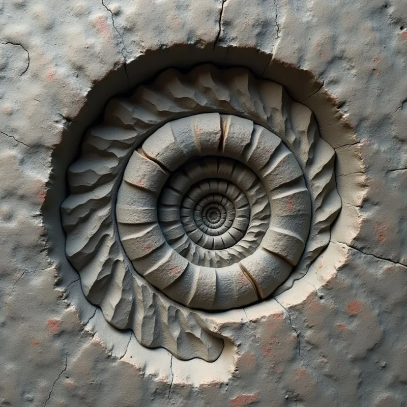 A spiral ammonite fossil is carved into a textured, light gray stone surface with subtle reddish-brown speckles and fine cracks. The composition features concentric, segmented ridges that create a sense of depth through shadows within the recessed grooves. The central spiral radiates outward from a tight core toward a wider, undulating edge, set against a flat, uneven background.