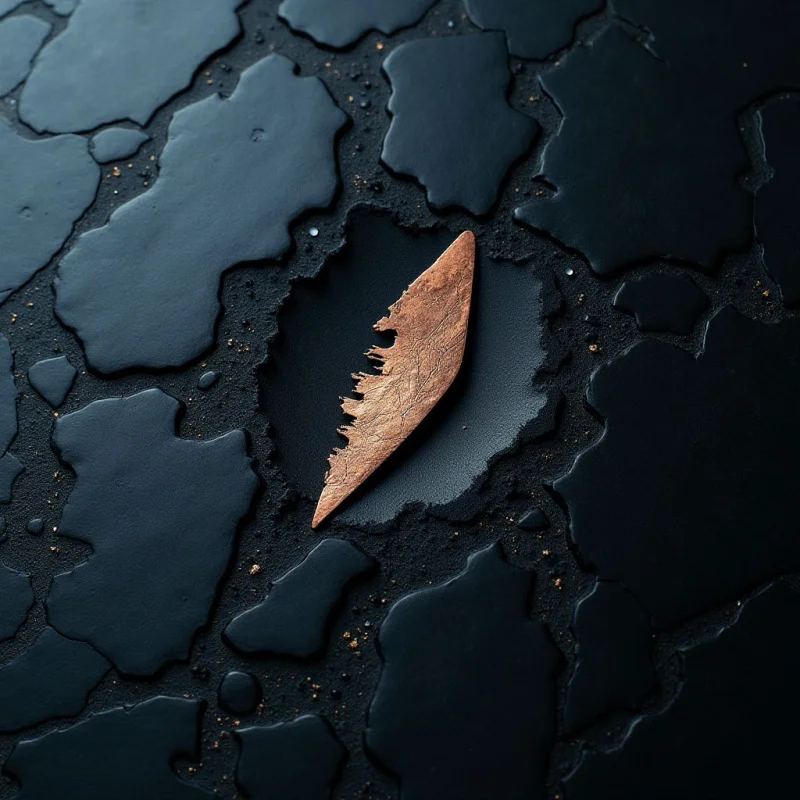 A single, elongated copper-colored shard with a rough, fibrous texture rests in the center of a dark, matte black surface. The background is composed of irregular, interlocking organic shapes with raised borders, creating a cracked or cellular pattern. Dim light creates subtle highlights on the edges of the dark forms and the textured grain of the central piece.