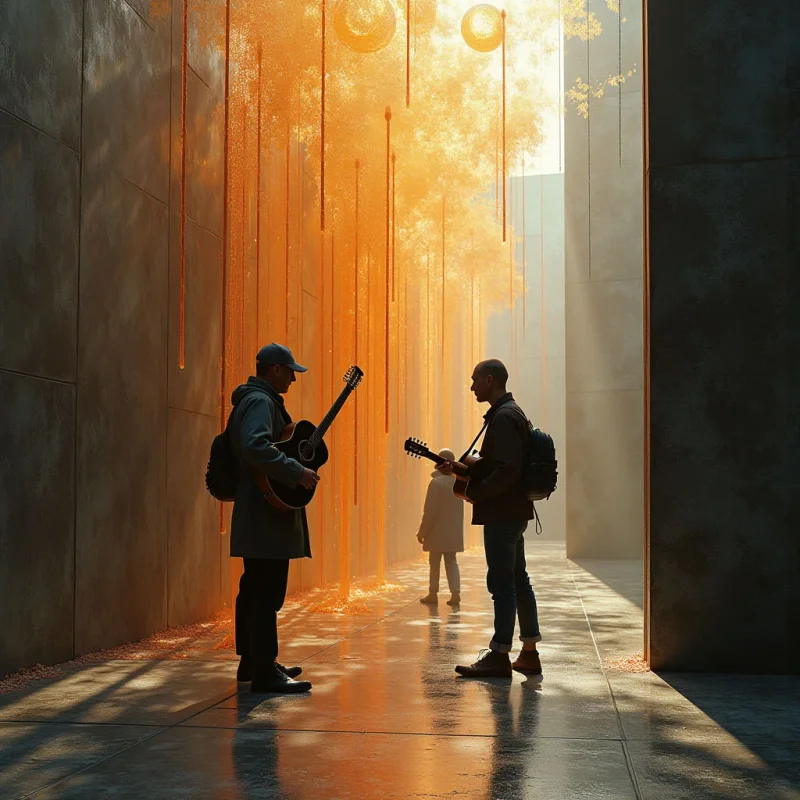 Warm golden and amber tones dominate the scene, contrasting with the cool grey of concrete walls and dark silhouettes of figures. Long vertical lines from hanging elements and tall architectural structures create a sense of depth within a narrow corridor. Bright light filters through a dense canopy of glowing textures, casting soft shadows and reflections onto the smooth ground.