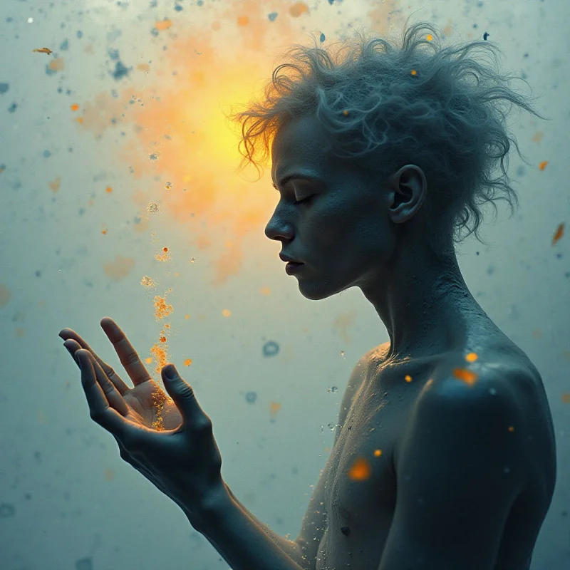 The image features a profile view of a person with pale skin and textured, curly hair, set against a blurred background of warm orange and yellow light. Small particles drift around the figure, appearing to emanate from their open hand and body, contrasting with the cool blue tones of their skin. The composition is soft-focused with an emphasis on rounded shapes – the curve of the face, the flow of hair – and a shallow depth of field suggesting closeness and intimacy.