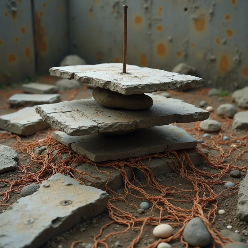 A central stack of irregular, flat grey stone slabs is pierced by a thin vertical rod, with a smooth oval rock nestled between the upper layers. The composition features a muted palette of greys and earthy browns, contrasted by a network of thin, orange-colored fibrous strands spreading across the sandy ground. Soft, diffused light illuminates the scene, highlighting the rough textures of the stone against the fine grit of the earth and the tangled web of lines below.