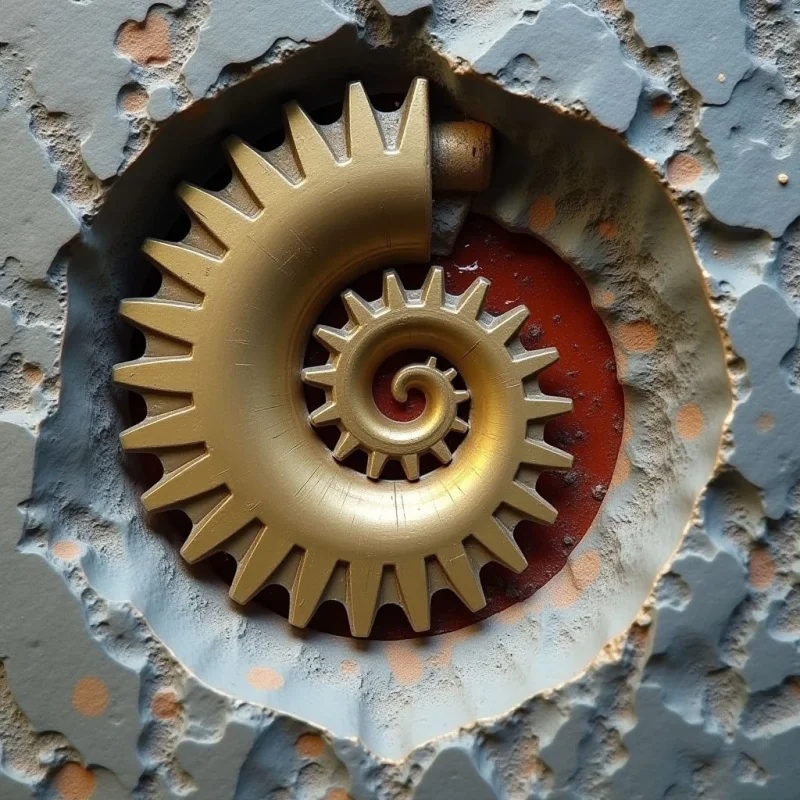 A golden, gear-like spiral with serrated edges is set within a circular indentation against a textured, grey stone surface. The recessed center features a deep reddish-brown color, creating a sense of depth behind the metallic form. Light hits the raised ridges of the gold shape and the uneven bumps of the stone, casting soft shadows that define the object's three-dimensional structure.