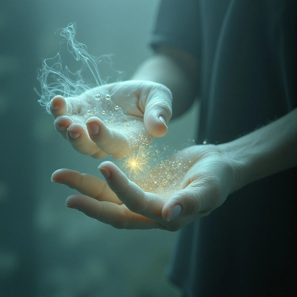 Two hands are cupped together, holding a shimmering burst of golden light and wispy strands. The light seems to be contained within the palms, surrounded by small sparkling particles. Everything is bathed in cool, muted teal tones as if viewed underwater.