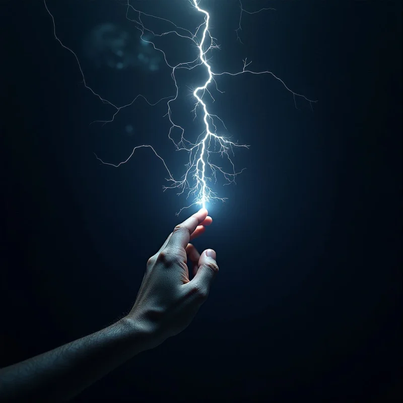 A pale human hand reaches upward from the bottom left against a dark, void-like background. A bright white bolt of jagged lightning descends from the top, making contact with the tip of the raised index finger. The composition is defined by high contrast between the luminous, branching electrical lines and the deep shadows surrounding the skin's texture.